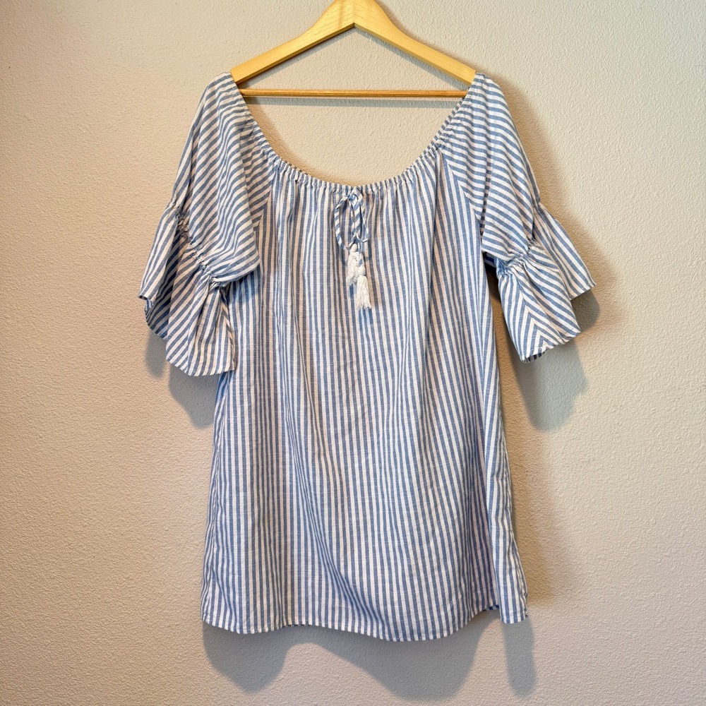 Ecru Lab Blue White Striped Cotton Ruffle Sleeve Tassel Top E0163D Large